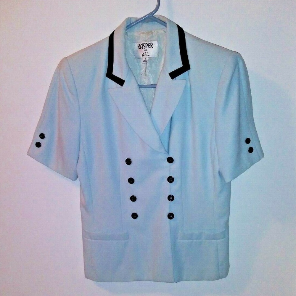 Womens Jacket Blazer Sz 8 Aqua blue black trim short sleeve Kasper for ASL